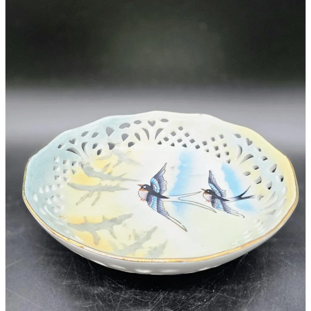 Vintage Hand Painted Pierced Porcelain Bowl Candy Dish Bird Swallow 7.75